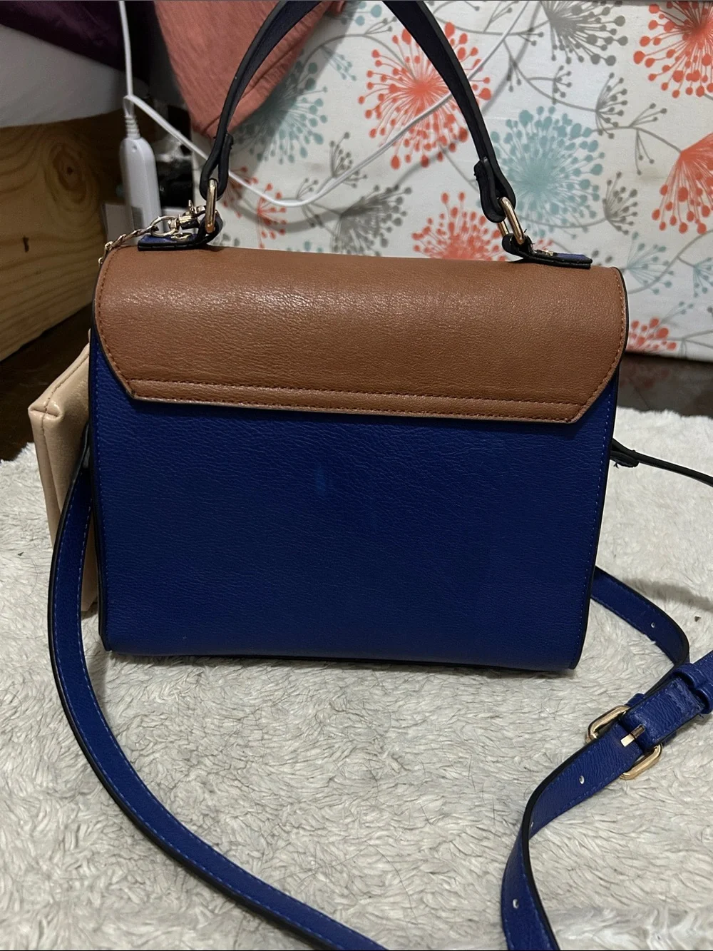 Dune London Brown, Blue & Beige Colorblock Leather Satchel with Coin Wallet